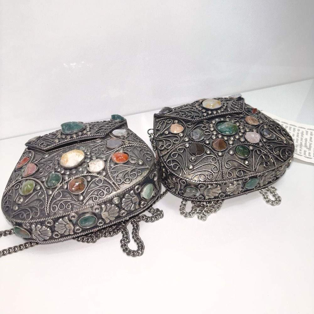 Silver Metal Purse Set 1lb 7oz Sajai Bag - Agate Stones Cocktail 1 NWT + 1 NWOT - Picture 8 of 12
